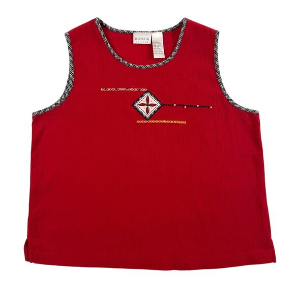 Vintage Red Boxy Fitted Embroidered & Beaded Sleeveless Folk Tank Top - Picture 1 of 6